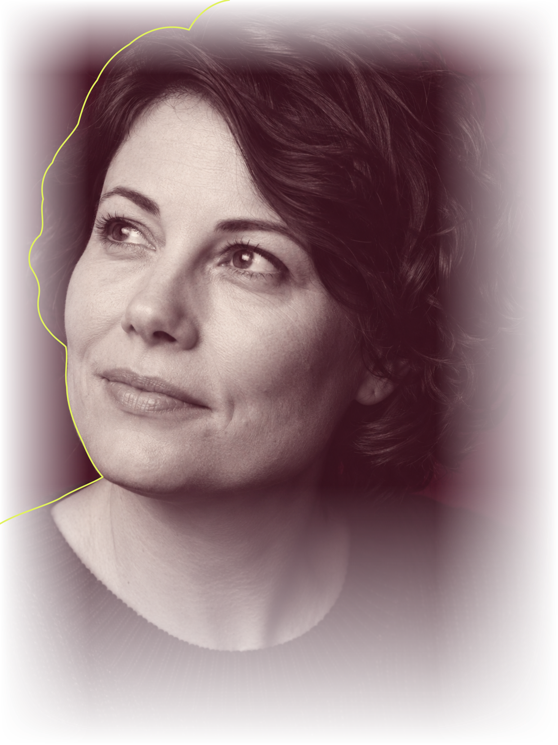 A thoughtful woman, photographed in Claret and Chalk
